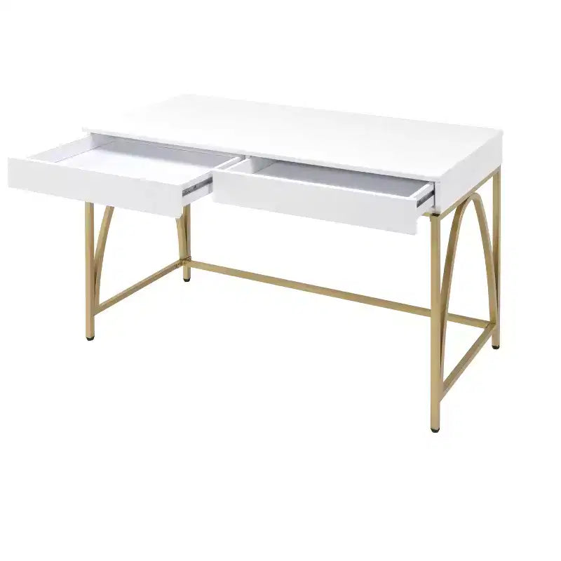 Table de toilette de 50 po en bois et acier blanc et or avec deux tiroirs