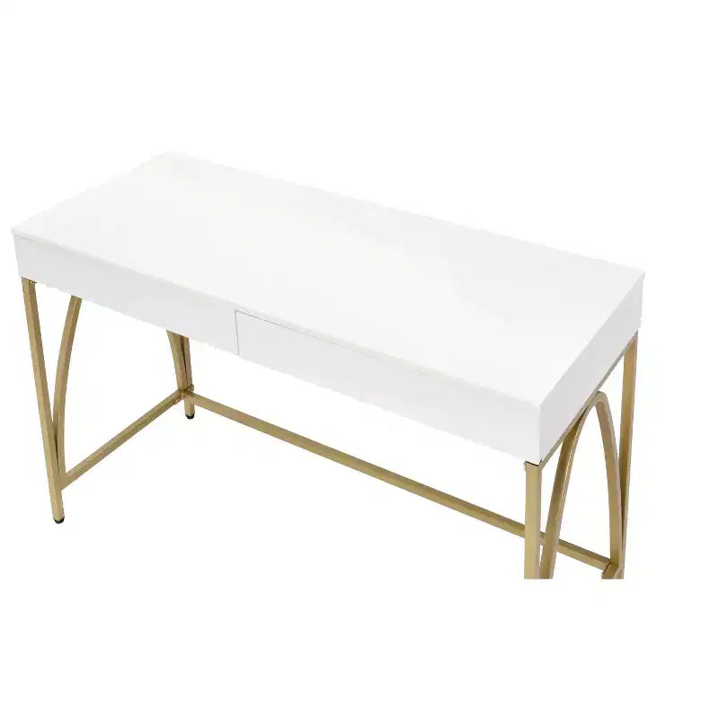 Table de toilette de 50 po en bois et acier blanc et or avec deux tiroirs