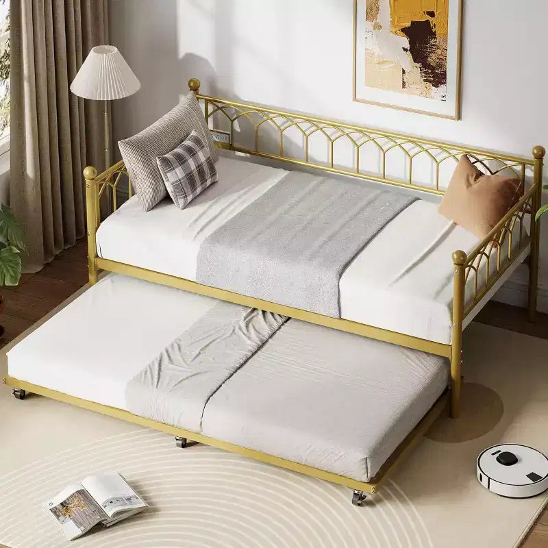 Twin Day Bed, Metal Sofa Bed Frame with Pull Out Trundle for Living Room, Bedroom, Apartment and Small Spaces