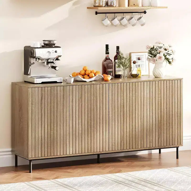 Acekool 63 Fluted Sideboard Cabinet, 4-Door Buffet with Adjustable Shelves & Metal Legs, Modern Credenza for Living Room, Entryway