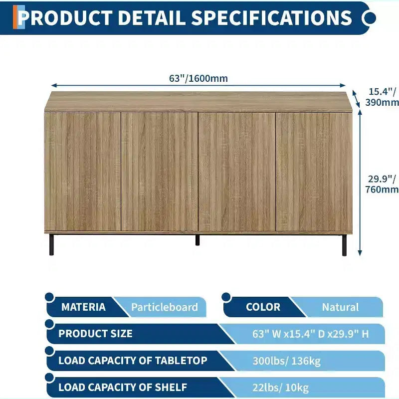 Buffet cannelé de 160 cm, 4 portes avec étagères réglables et pieds en métal, Credenza moderne pour salon, entrée