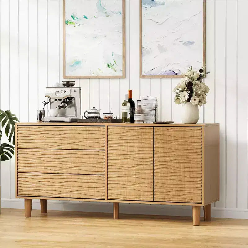 Acekool 61 Mid-Century Sideboard - Natural Wood Buffet Cabinet with 3 Drawers, 2 Doors & Wave Design for Dining Room, Kitchen