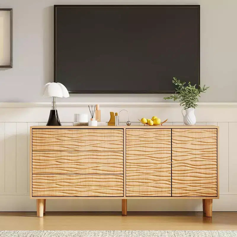 Buffet en bois de 155 cm de style Mid-Century avec 3 tiroirs, 2 portes et design ondulé