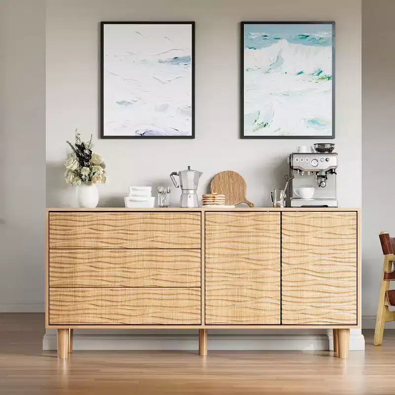 Buffet en bois de 155 cm de style Mid-Century avec 3 tiroirs, 2 portes et design ondulé