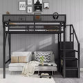 Full Size Black Metal Loft Bed with Stairs Storage Shelves and High Loft Bed with Wardrobe for Kids Teens