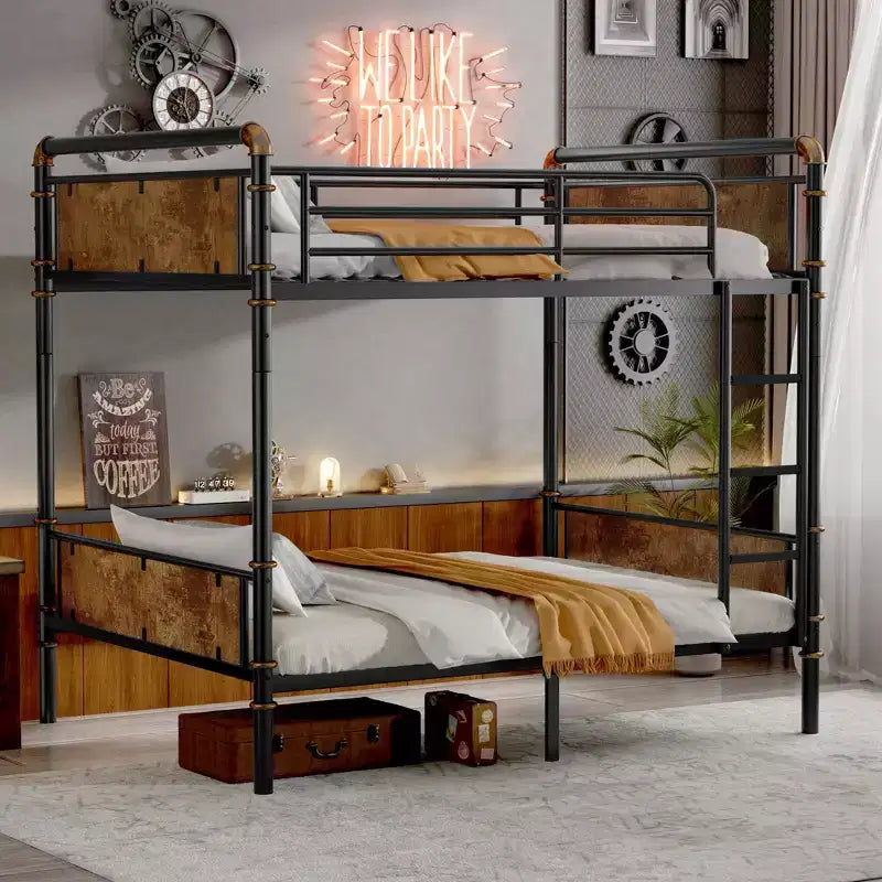 Twin XL over Twin XL Metal Bunk Bed Industrial Detachable Bunkbeds with Safety Guard Rails for Teens Black