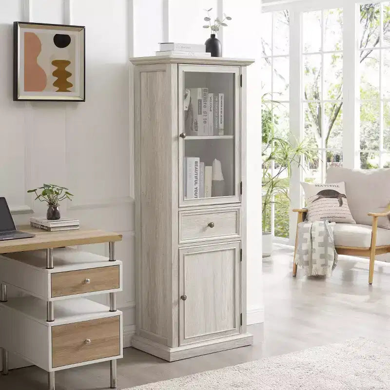 Meuble de rangement haut moderne avec portes et étagères en verre - Buffet autoportant avec tiroir pour salon, cuisine, salle à manger et bureau