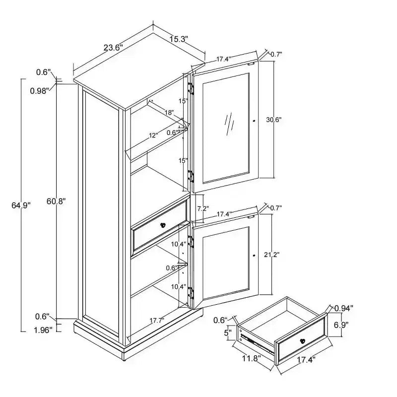 Meuble de rangement haut moderne avec portes et étagères en verre - Buffet autoportant avec tiroir pour salon, cuisine, salle à manger et bureau