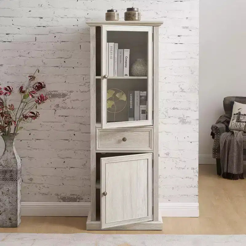 Meuble de rangement haut moderne avec portes et étagères en verre - Buffet autoportant avec tiroir pour salon, cuisine, salle à manger et bureau