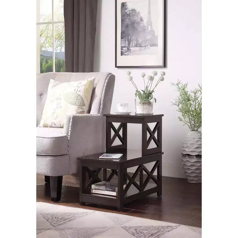 HomeStock Belmont 2 Step Chairside End Table with L Shaped Frame and X Side Panels, 3 Tier Storage Accent Side Table for Living Room or Office