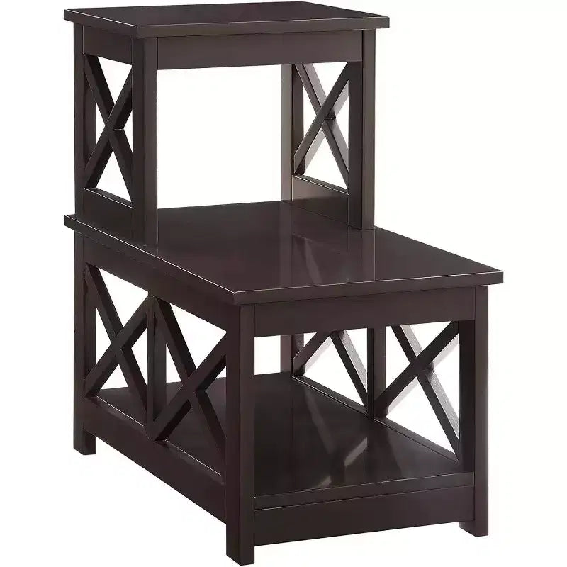 Table d'appoint à 2 niveaux pour fauteuil avec cadre en L et panneaux latéraux en X, table d'appoint à 3 niveaux avec rangement