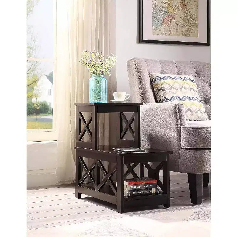 Table d'appoint à 2 niveaux pour fauteuil avec cadre en L et panneaux latéraux en X, table d'appoint à 3 niveaux avec rangement