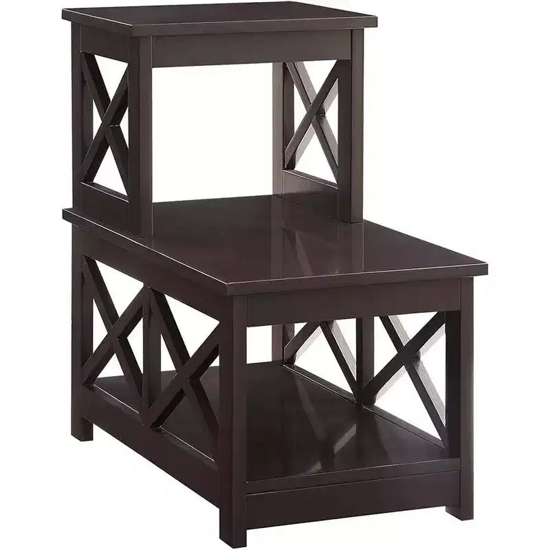 Table d'appoint à 2 niveaux pour fauteuil avec cadre en L et panneaux latéraux en X, table d'appoint à 3 niveaux avec rangement