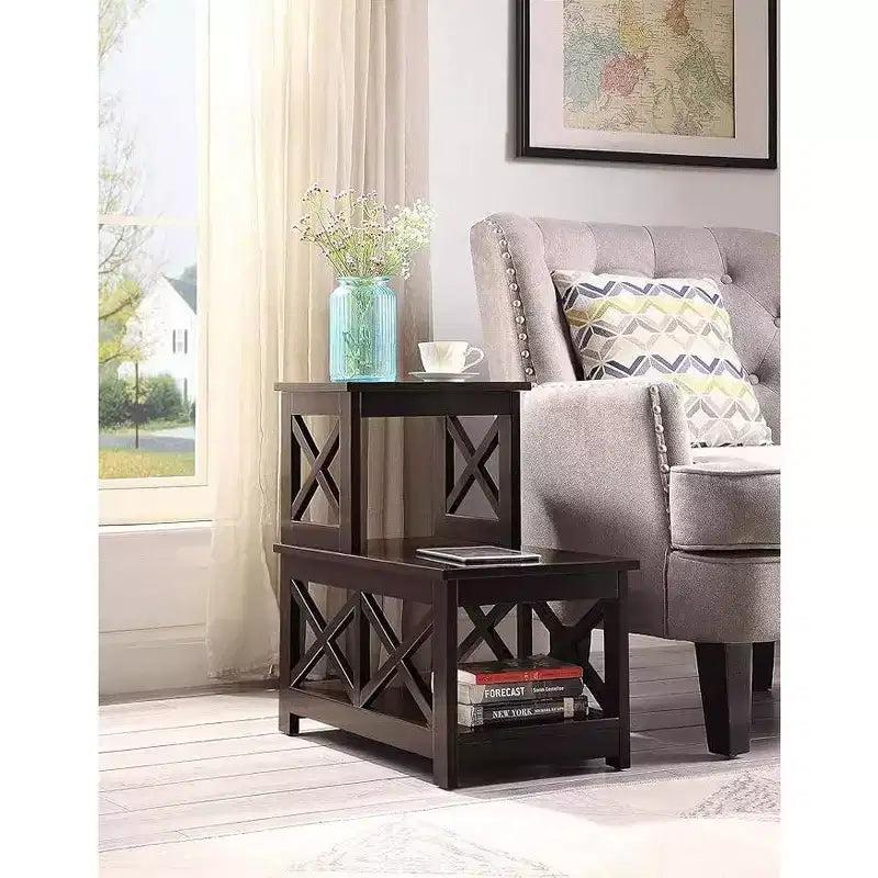 Table d'appoint à 2 niveaux pour fauteuil avec cadre en L et panneaux latéraux en X, table d'appoint à 3 niveaux avec rangement