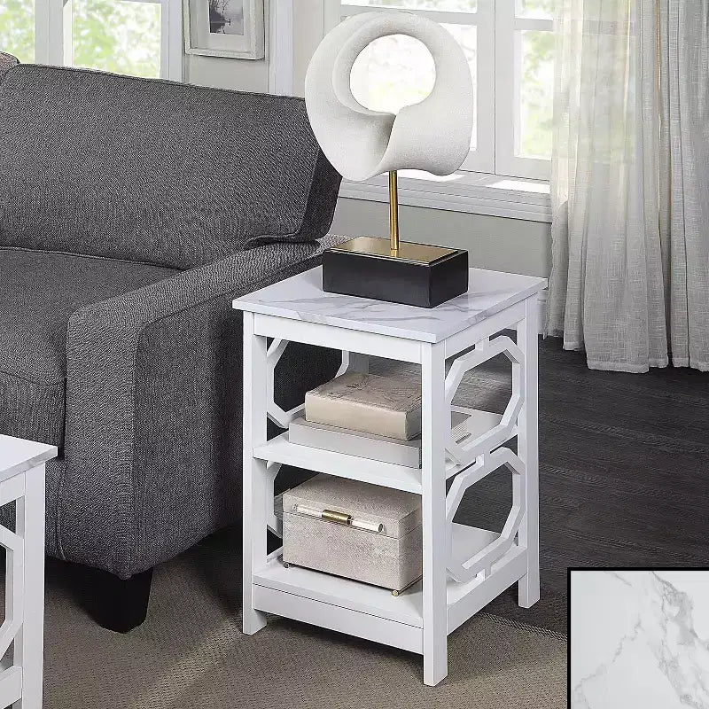 HomeStock Belmont End Table with Shelves and Octagon Cut Out Sides, Contemporary Three Tier Storage Accent Side Table for Living Room Dcor