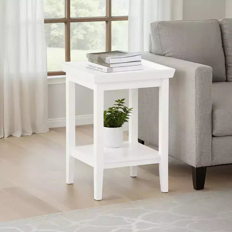 HomeStock Belmont End Table with Raised Edge Tray Top and Lower Shelf, Rubberwood Accent Table for Storage, Display and Organization