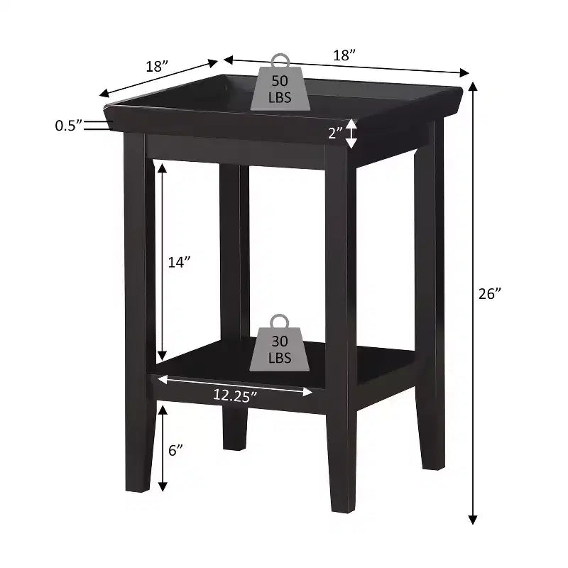 Table d'appoint avec plateau amovible à rebord surélevé et étagère inférieure, table d'appoint en bois d'hévéa pour le rangement, l'exposition et l'organisation