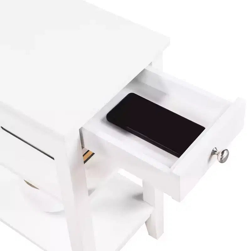 Table d'appoint avec tiroir fluide, ports USB, prise et étagères, table d'appoint contemporaine pour salon avec rangement