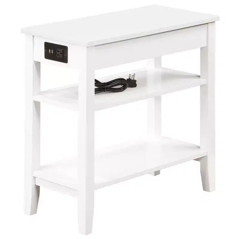Table d'appoint avec tiroir fluide, ports USB, prise et étagères, table d'appoint contemporaine pour salon avec rangement