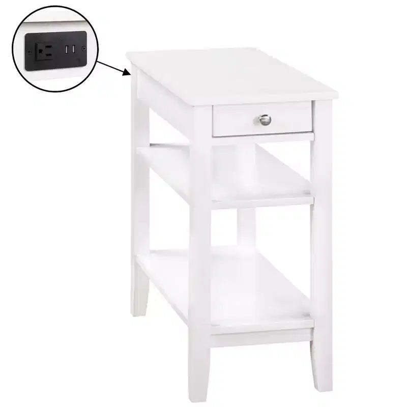 Table d'appoint avec tiroir fluide, ports USB, prise et étagères, table d'appoint contemporaine pour salon avec rangement
