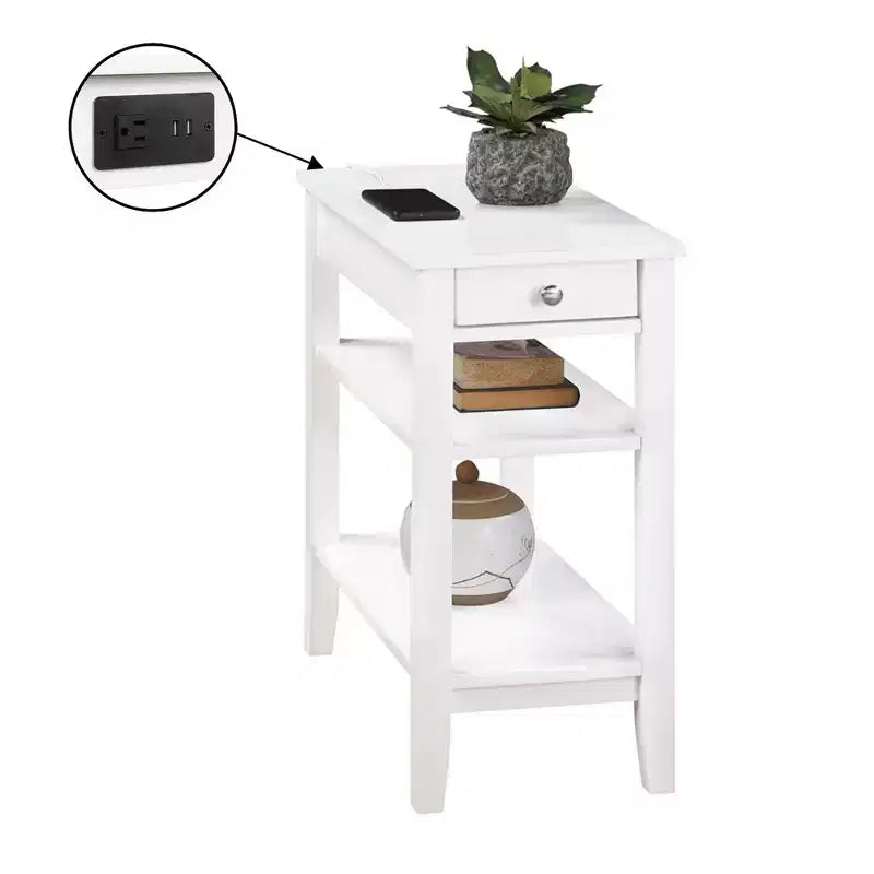 Table d'appoint avec tiroir fluide, ports USB, prise et étagères, table d'appoint contemporaine pour salon avec rangement