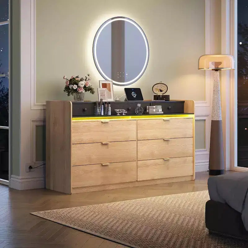 GALAXHERO 58.35 Wide 9-Drawer LED Dresser - with Power Outlets, Open Shelves & 65 TV Stand Compatibility for Bedroom/Living Room/Closet