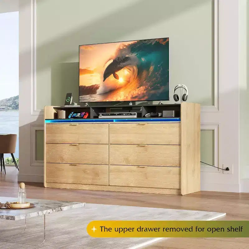 Commode LED 9 tiroirs de 148,2 cm de large avec prises, étagères ouvertes et meuble TV de 165,1 cm pour chambre/salon/placard