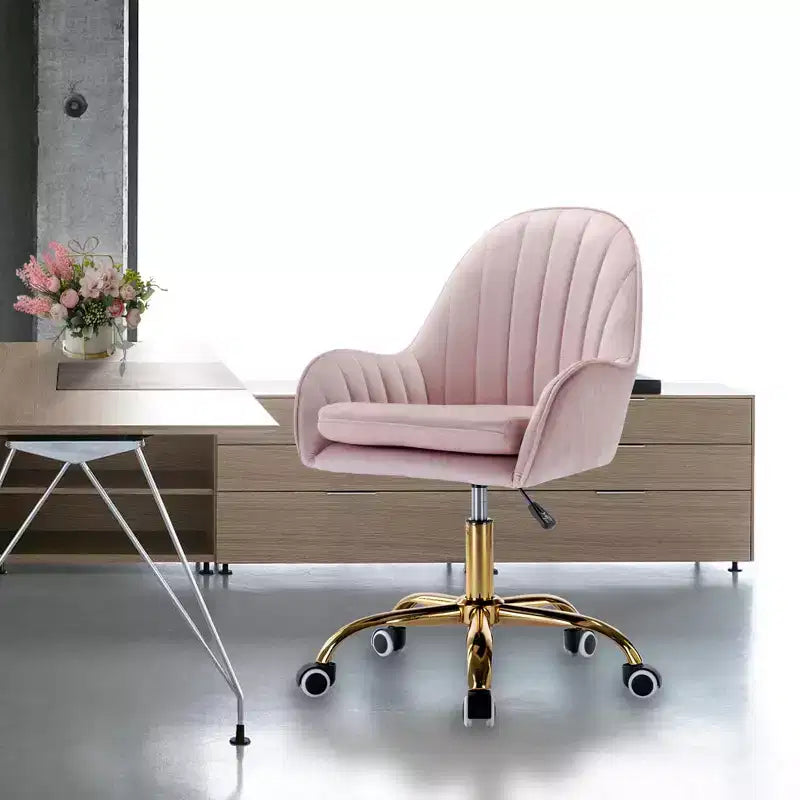 Okak Velvet Office Chair, Cute Desk Chair with Golden Metal Base, Vanity Chair for Living Room, Vanity Room, Study, Pink