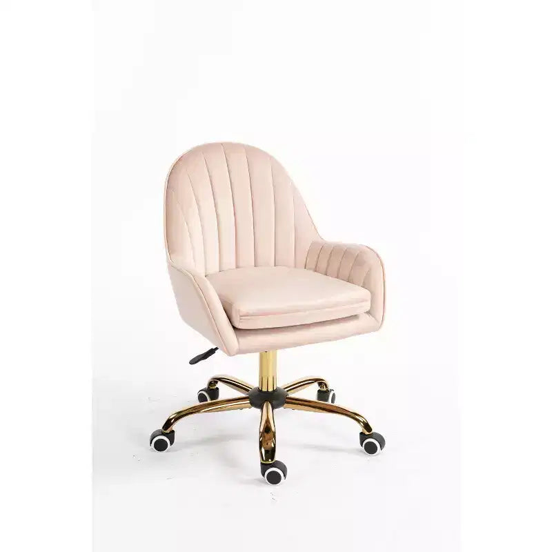 Fauteuil de bureau en velours, jolie chaise de bureau avec piètement en métal doré, chaise coiffeuse pour salon, boudoir, bureau, rose