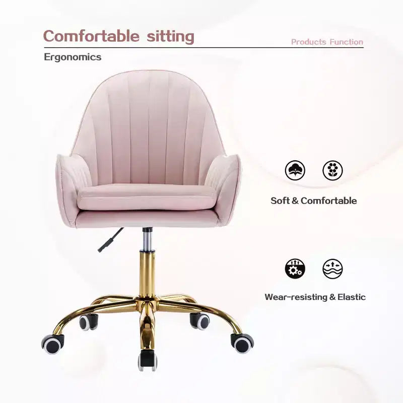 Fauteuil de bureau en velours, jolie chaise de bureau avec piètement en métal doré, chaise coiffeuse pour salon, boudoir, bureau, rose