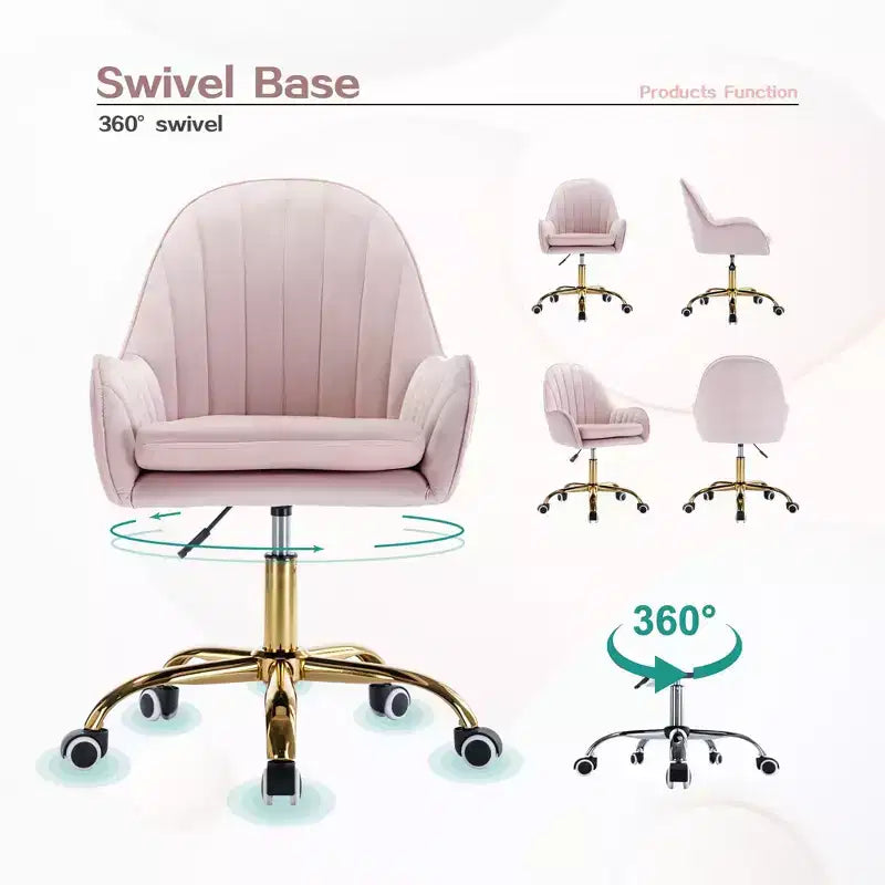 Fauteuil de bureau en velours, jolie chaise de bureau avec piètement en métal doré, chaise coiffeuse pour salon, boudoir, bureau, rose