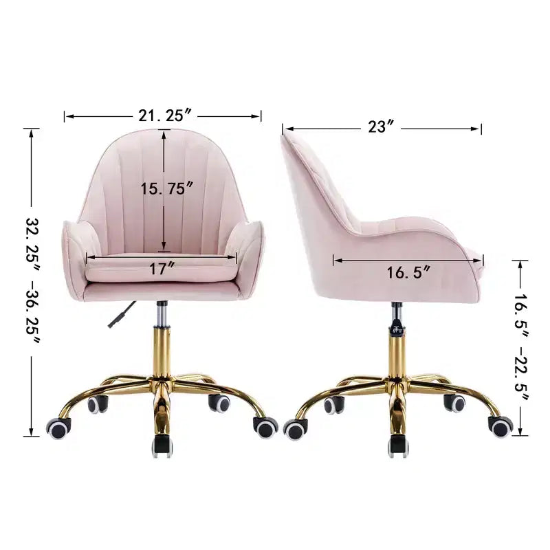 Fauteuil de bureau en velours, jolie chaise de bureau avec piètement en métal doré, chaise coiffeuse pour salon, boudoir, bureau, rose