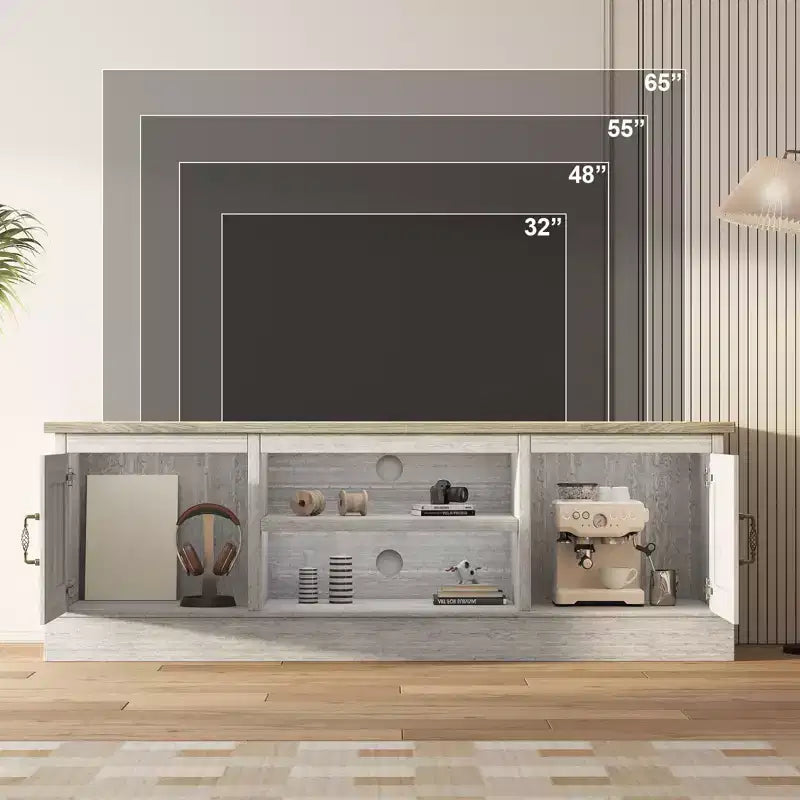 Meuble TV pour téléviseurs jusqu'à 65'', centre de divertissement avec armoire de rangement et console multimédia