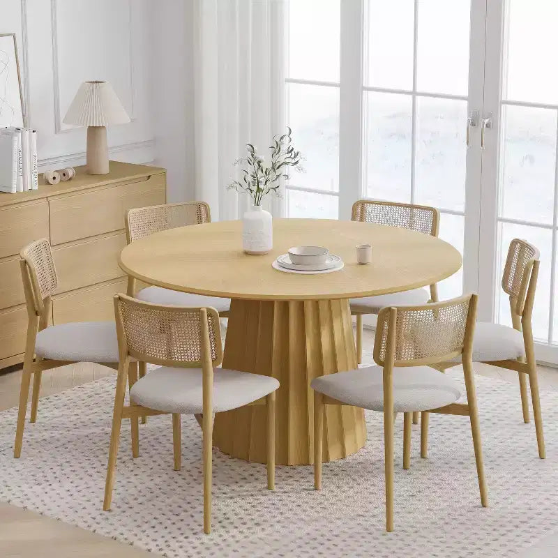 PexFix 52 Wood Round Dining Table Kitchen Table for 4-6 with Arc-Shaped Edge Top & Fluted Tapered Base for Living/Dining Room Coffee Office Natural