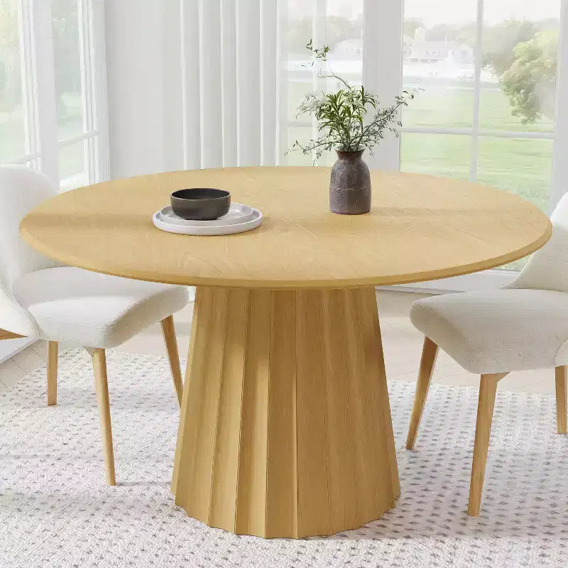 Table à manger ronde en bois de 52 po avec piétement fuselé cannelé, 6 places