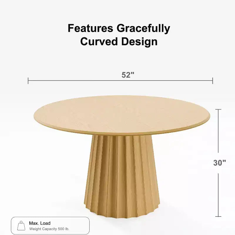 Table à manger ronde en bois de 52 po avec piétement fuselé cannelé, 6 places