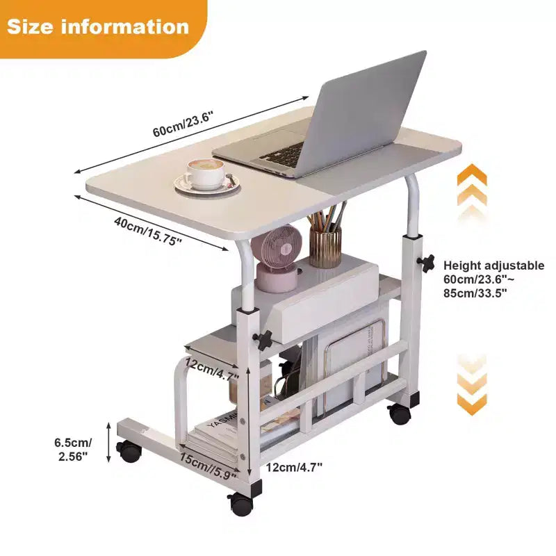 Bureau roulant portable à hauteur réglable, bureau d'ordinateur mobile avec étagères de rangement