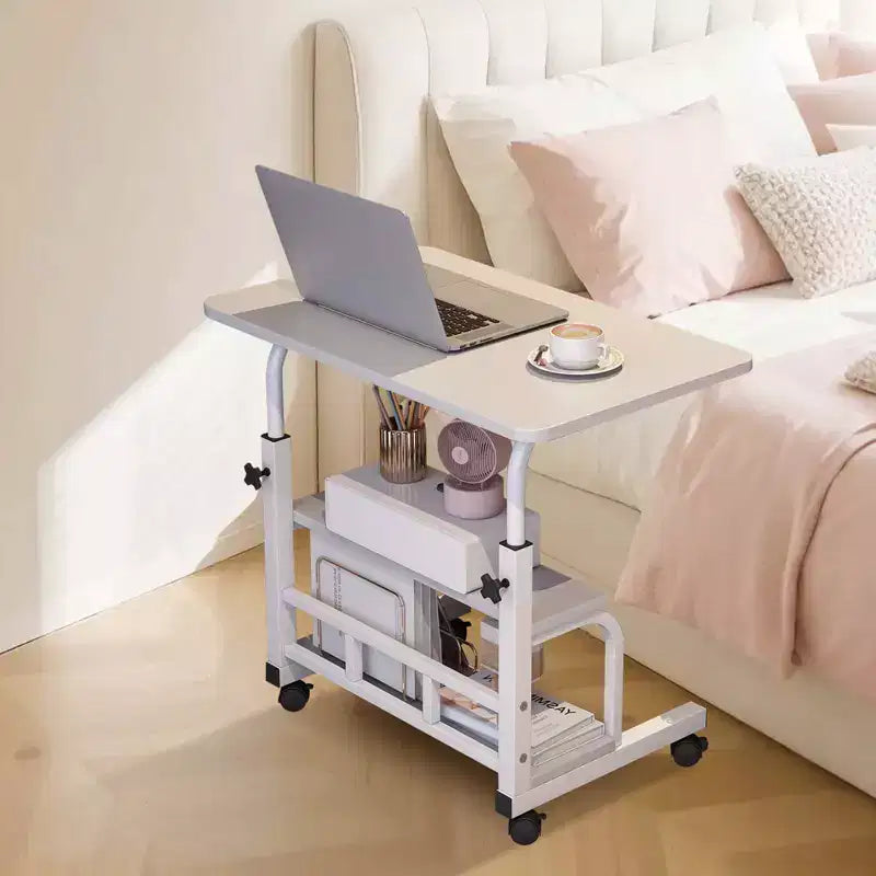 Bureau roulant portable à hauteur réglable, bureau d'ordinateur mobile avec étagères de rangement