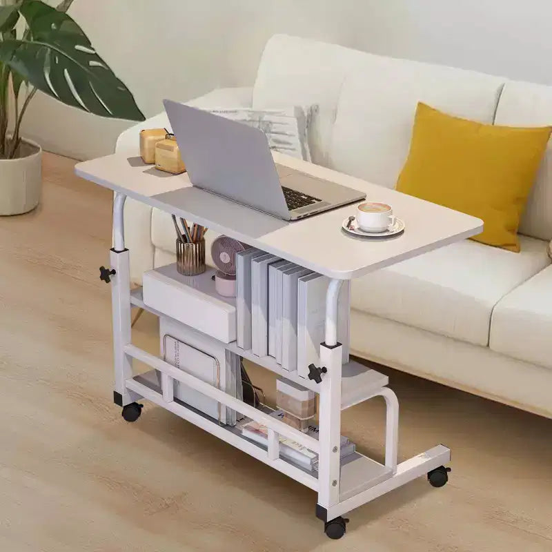 Bureau roulant portable à hauteur réglable, bureau d'ordinateur mobile avec étagères de rangement