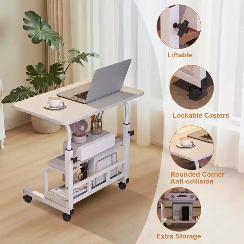 Bureau roulant portable à hauteur réglable, bureau d'ordinateur mobile avec étagères de rangement