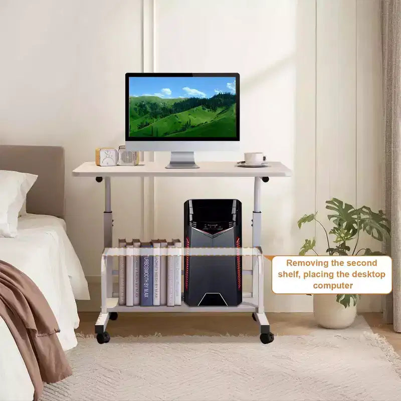 Bureau roulant portable à hauteur réglable, bureau d'ordinateur mobile avec étagères de rangement