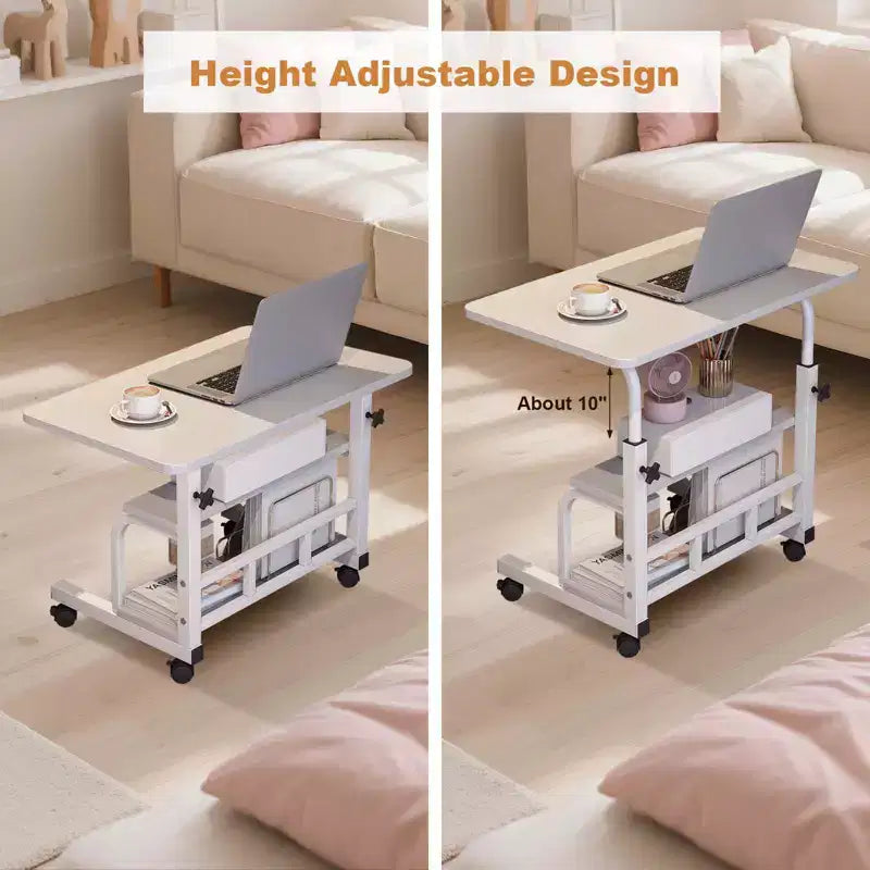 Bureau roulant portable à hauteur réglable, bureau d'ordinateur mobile avec étagères de rangement