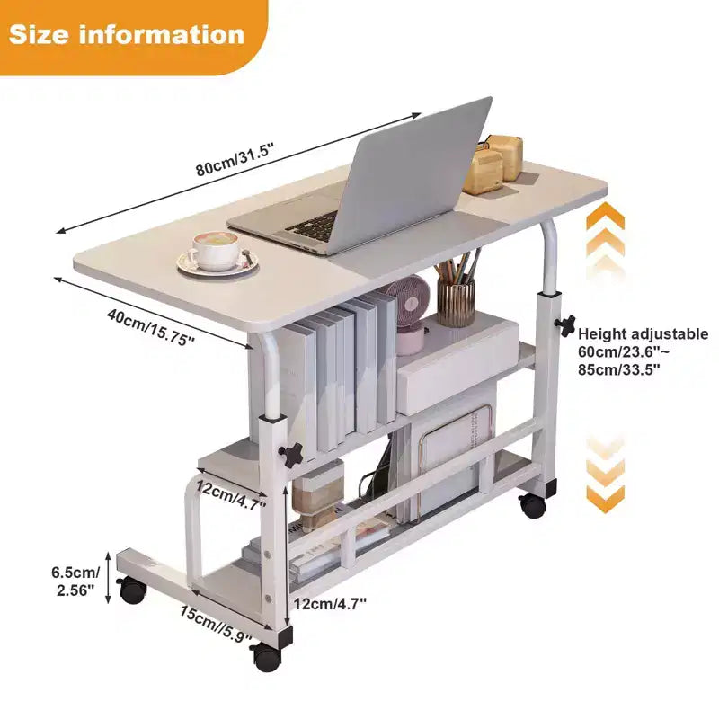 Bureau roulant portable à hauteur réglable, bureau d'ordinateur mobile avec étagères de rangement