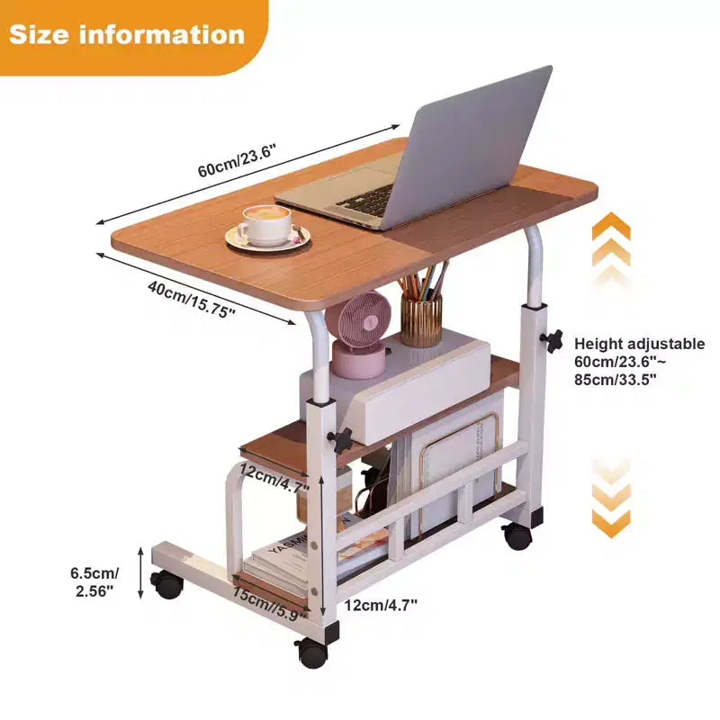 Bureau roulant portable à hauteur réglable, bureau d'ordinateur mobile avec étagères de rangement