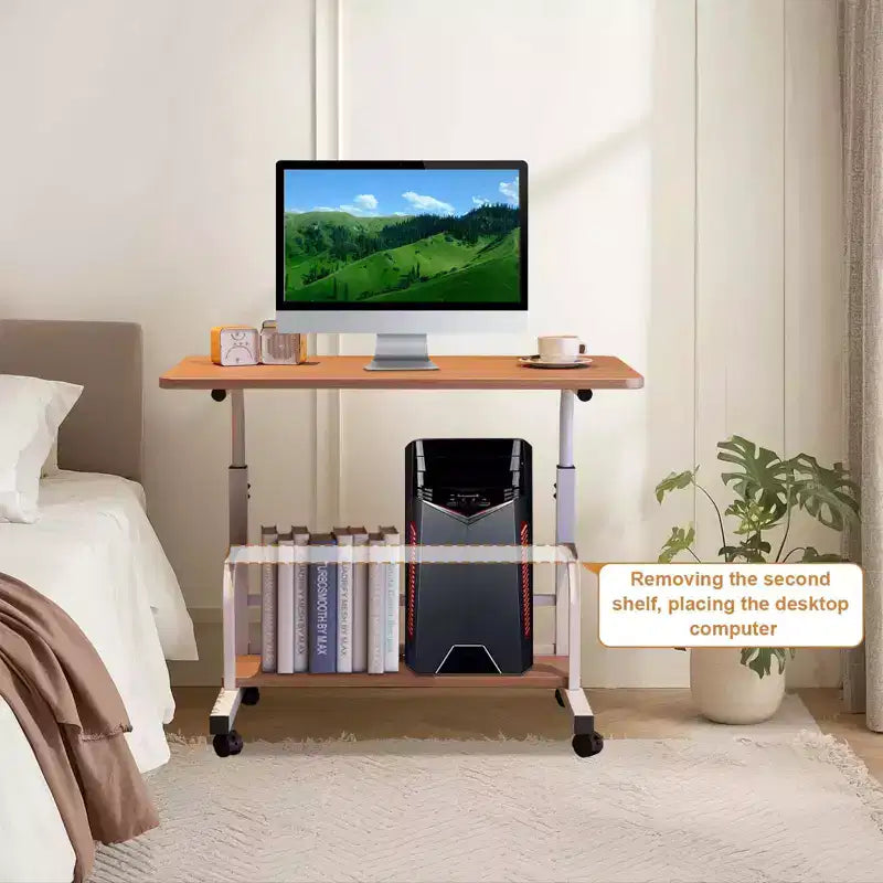 Bureau roulant portable à hauteur réglable, bureau d'ordinateur mobile avec étagères de rangement