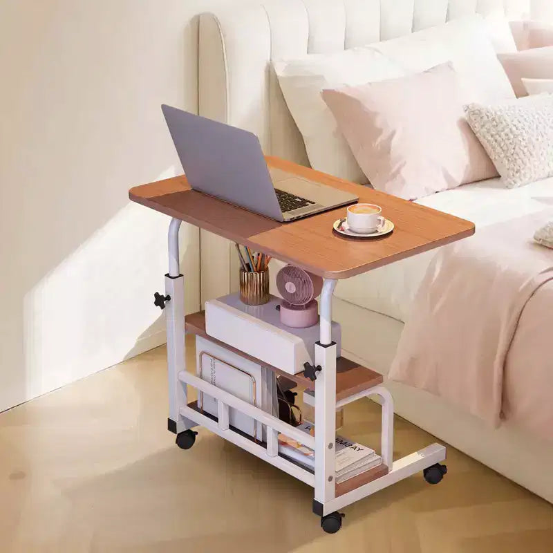 Bureau roulant portable à hauteur réglable, bureau d'ordinateur mobile avec étagères de rangement