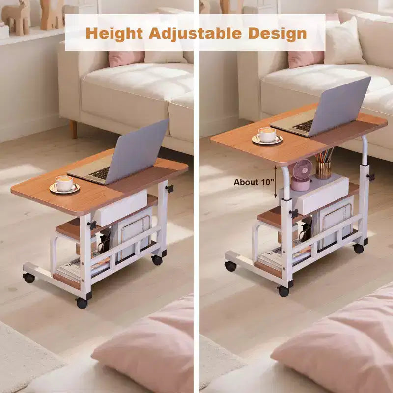 Bureau roulant portable à hauteur réglable, bureau d'ordinateur mobile avec étagères de rangement