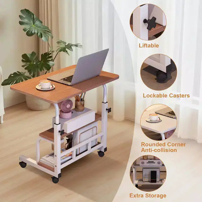 Bureau roulant portable à hauteur réglable, bureau d'ordinateur mobile avec étagères de rangement