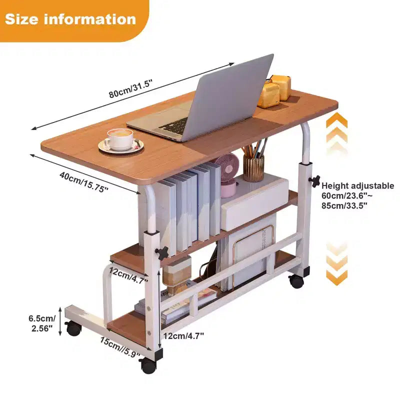 Bureau roulant portable à hauteur réglable, bureau d'ordinateur mobile avec étagères de rangement