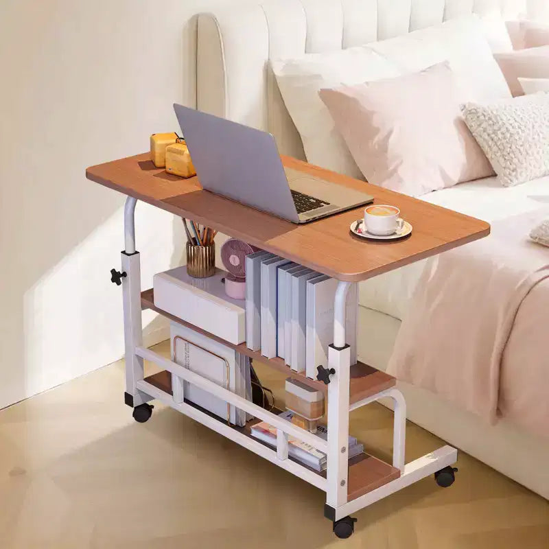 Bureau roulant portable à hauteur réglable, bureau d'ordinateur mobile avec étagères de rangement